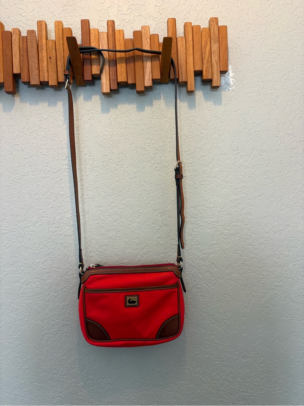 Dooney & Bourke Nylon Red Crossbody with Brown Leather Trim Adjustable Straps